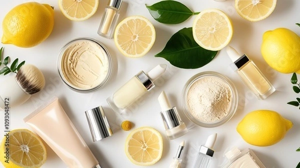 Fototapeta Lemon Cosmetics on a White Background - a fresh and vibrant visual. The lemon-themed products stand out against the clean white backdrop.
