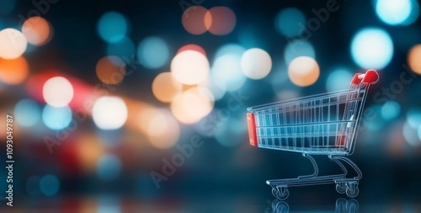 Fototapeta Shopping cart stands alone in a colorful bokeh background filled with festive lights