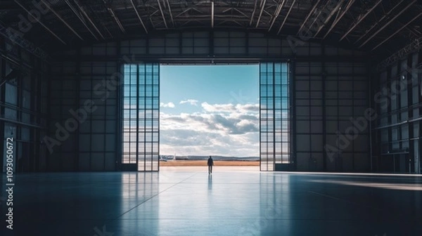 Obraz Large hangar interior with open door and clear sky view