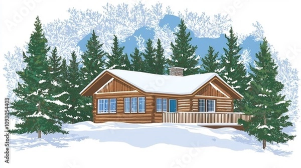 Fototapeta of a cozy and rustic mountain cabin nestled in a snowy alpine landscape surrounded by towering pine trees and a bright blue sky offering a peaceful and scenic winter retreat