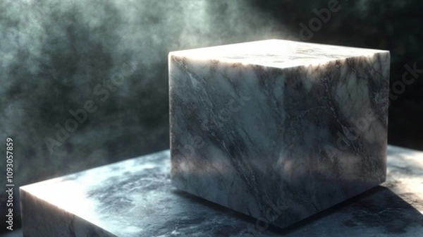 Fototapeta A sleek, polished marble cube with subtle veining sits on a larger marble platform, bathed in a dramatic, soft beam of light from above. The scene has a dark, atmospheric background with gentle smoke 