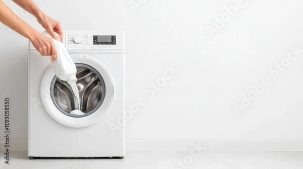 Obraz Hands pouring laundry detergent into a washing machine, soft morning light filling the room