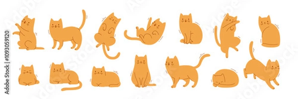 Fototapeta Flat cat poses set. Cartoon kitten poses collection. Different vector cat poses bundle.