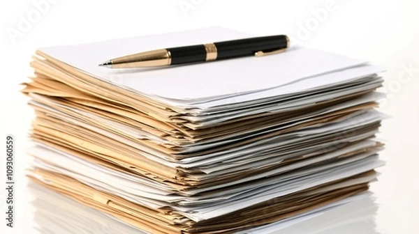 Fototapeta Stack of documents with elegant pen on white background