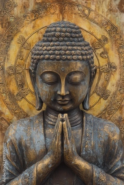 Fototapeta Serene statue of Buddha in peaceful pose with golden background