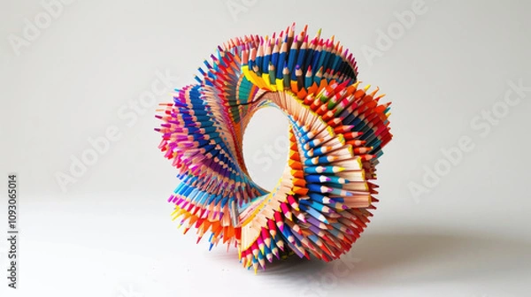 Fototapeta Vibrant Circular Sculpture of Colorful Pencils Creating a Stunning Geometric Art Piece on a White Background