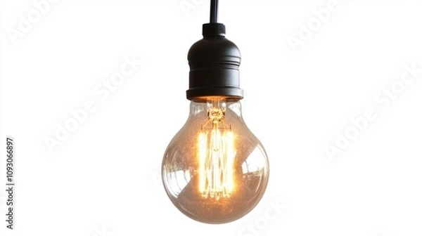 Fototapeta A vintage-style Edison bulb hanging on a cord, glowing softly, suspended in front of a plain white background