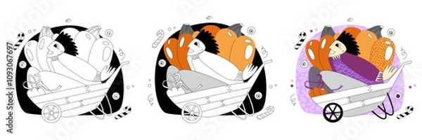Fototapeta Vector illustration on the theme of Halloween in flat and doodle style. People celebrating Halloween. Witch with a broom and pumpkins.