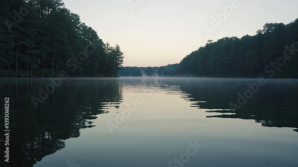 Fototapeta Serene lake at dawn with mist rising from water and trees