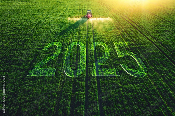 Fototapeta 2025 Happy New Year concept and Aerial view of farming tractor plowing and spraying on green field.
