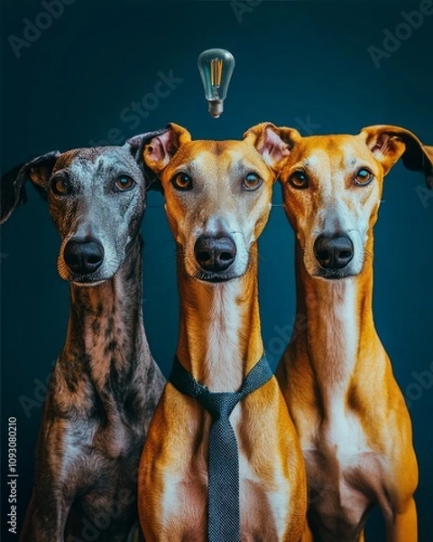 Fototapeta Three greyhounds pose against a dark blue background, creating a surreal and artistic scene.