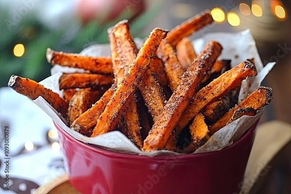 Obraz Sweet Potato Fries Crispy, slightly sweet fries made from sweet potatoes, seasoned and baked or fried, offering a healthier yet delicious alternative to regular fries