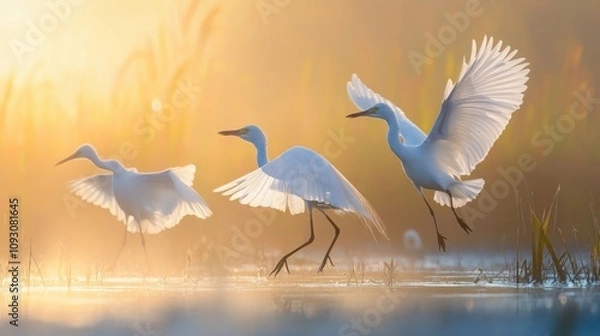 Fototapeta Golden Hour Egret Flight: Three Graceful Birds Taking Flight at Sunrise