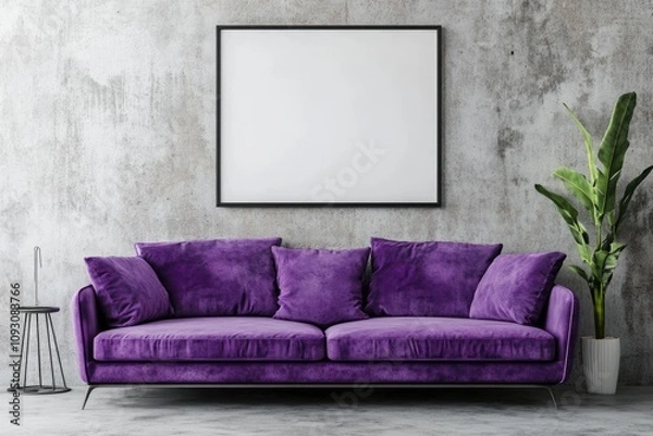 Fototapeta Minimalist Living Room Interior with Violet Sofa and Concrete Wall Mock Up Poster Frame