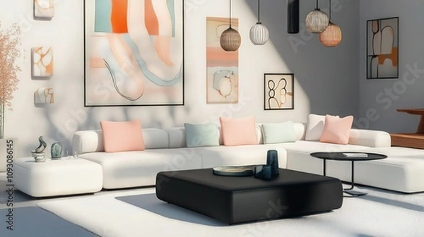 Fototapeta A minimalist living room featuring a white modular sofa with pastel cushions and a sleek black coffee table. 