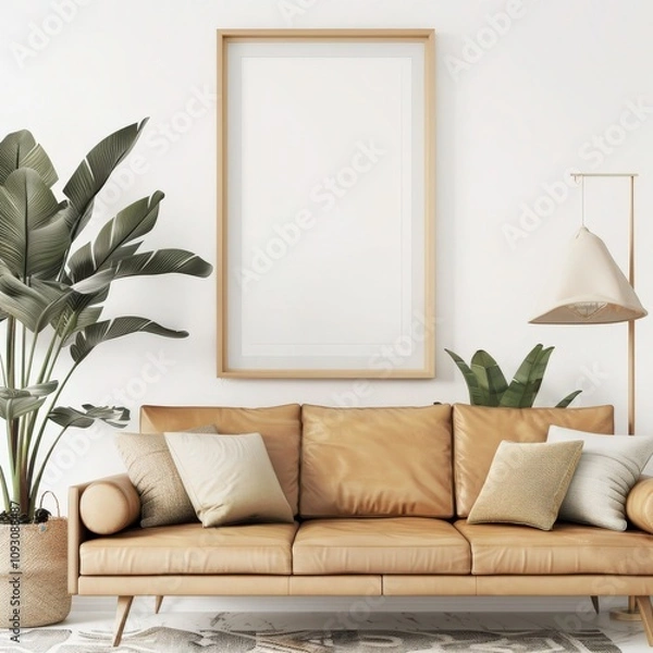Fototapeta A modern living room with a large sofa, a framed picture, and green plants, with a rug on the floor