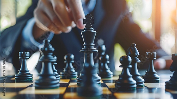 Fototapeta Businessmans hands move chess figures and checkma