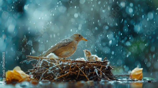 Fototapeta Mother Bird Feeding Chick in Nest During Rainfall with Blurred Background and Falling Raindrops