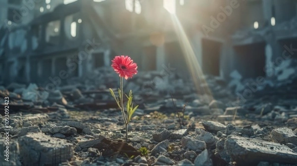 Fototapeta Vibrant blossom rising from the ashes of a destroyed urban landscape