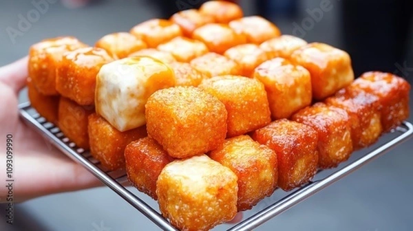 Fototapeta Close-up of metal tray brimming with golden-brown sweet treats, featuring textured square desserts. glistening with sugary glaze, these snacks shine in vibrant outdoor setting.