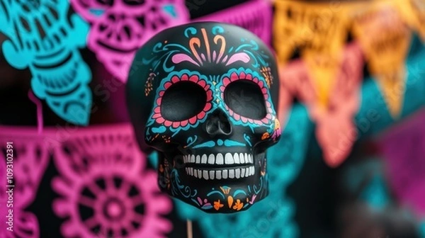 Fototapeta Vibrant decorative skull inspired by day of the dead, featuring patterns in bold colors and lively floral designs, complemented by colorful papel picado banners.