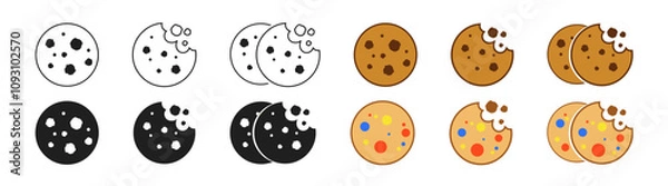 Fototapeta Сookie icon. Bite biscuit symbol. Chocolate cookie, bakery bite dessert, cookie crumbs. 