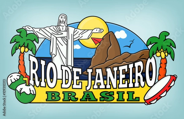 Obraz Rio de Janeiro colorful background vector template. Brazil. Palms, sea, coconuts, mountains, sun, hang-glider, birds.
