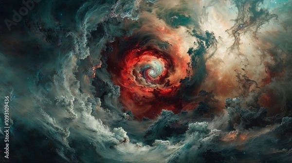 Fototapeta Cosmic vortex swirling with fiery red and turquoise clouds in a dynamic nebula