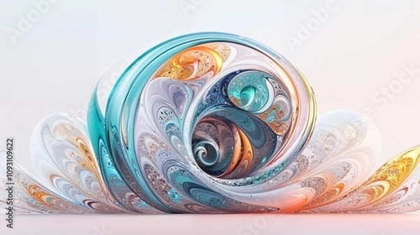 Fototapeta Delicate abstract spiral of turquoise, gold, and white with shimmering details and soft gradients