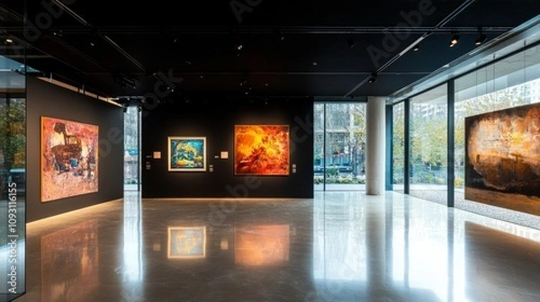 Fototapeta A bright contemporary space featuring a glossy black exhibition wall under warm spotlights, creating a sense of anticipation