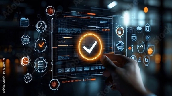 Fototapeta Vibrant glowing digital interface with checkmark icon held in hand surrounded by and symbols on a modern dark background representing innovation technology and successful digital solutions