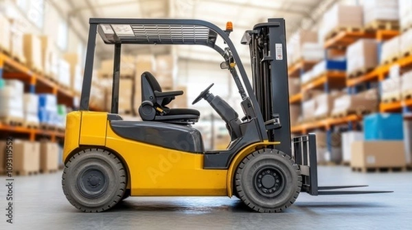 Fototapeta Forklift operation in warehouse industrial setting equipment handling efficient storage management