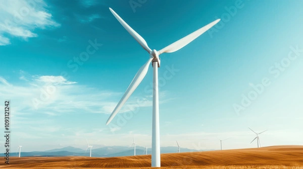 Fototapeta Wind turbine in vast landscape, harnessing renewable energy efficiently