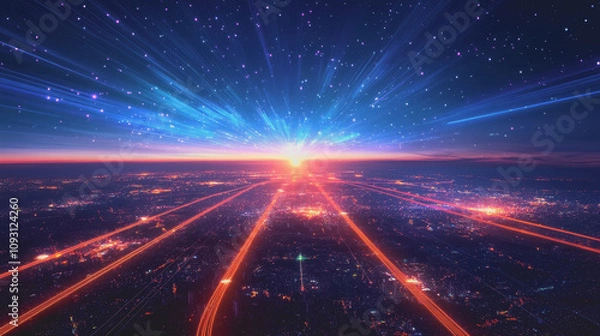 Fototapeta Futuristic Digital Landscape with Glowing Nodes and Lines Representing an Interconnected Network of Technology and Innovation in a Night Sky Setting