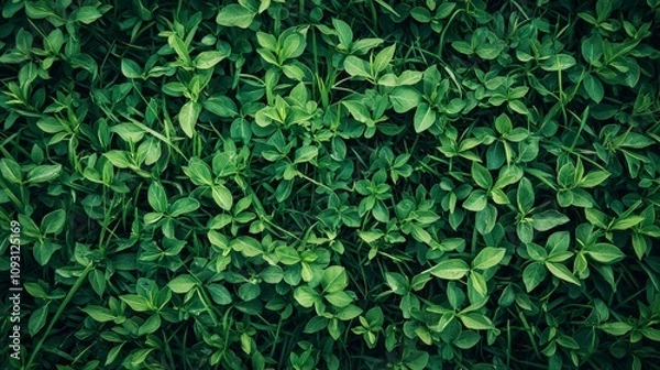 Fototapeta A dense layer of green leaves forms a carpet-like spread, covering the surface entirely and creating a uniform and soothing natural backdrop for any setting.