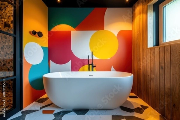 Obraz Freestanding bathtub in a stylish modern bathroom with colorful minimalist walls.