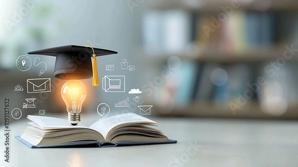Fototapeta educational theme with a glowing lightbulb sitting on an open book capped with a graduation hat surrounded by icons of online learning and e degree concepts set in a dreamy bokeh environment