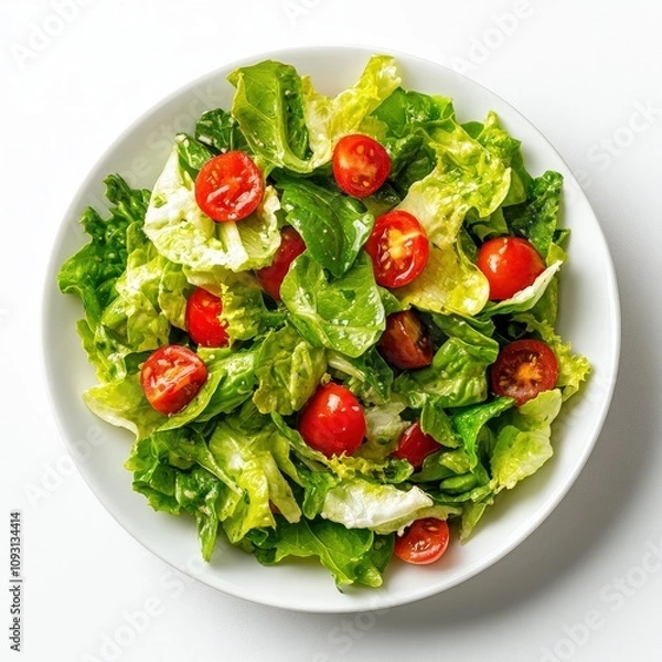 Obraz A fresh, vibrant salad featuring sliced cucumbers, cherry tomatoes, radishes, and mixed greens, garnished with herbs. The colorful presentation and variety of vegetables make it visually appealing and