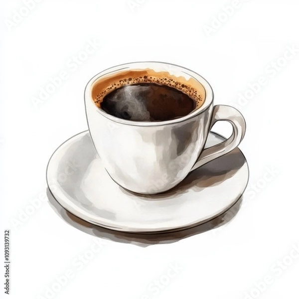 Obraz A white ceramic cup filled with hot coffee sits on a matching saucer. The coffee has a rich, dark color with a light layer of froth on top, suggesting it is freshly brewed and inviting.