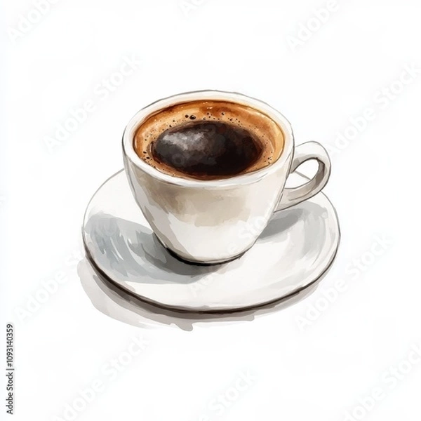 Obraz A white ceramic cup filled with black coffee sits on a matching saucer. The coffee has a smooth surface with a slight froth around the edges, indicating it is freshly brewed.