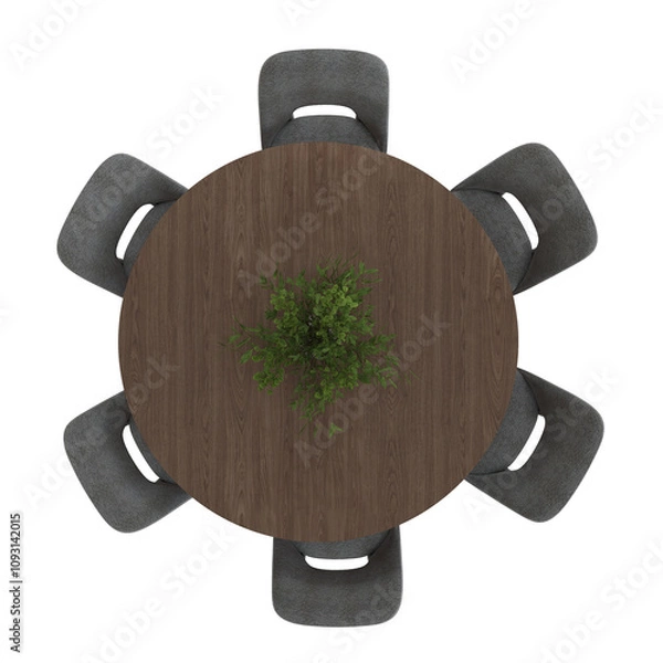 Fototapeta 3d render top view of a wooden round table and six chairs isolated 