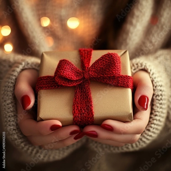 Obraz Hands with red-painted nails hold a small wrapped gift box tied with a red knitted ribbon. The cozy beige sweater and warm festive lights in the background evoke a joyful holiday spirit.