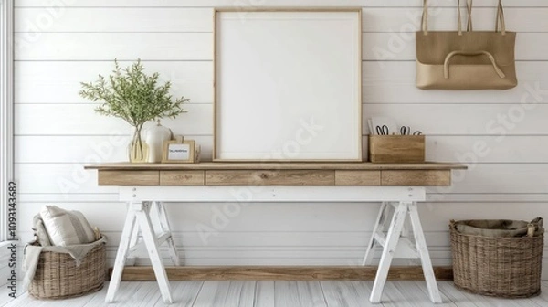 Fototapeta White Wooden Desk With Frame And Rustic Decor