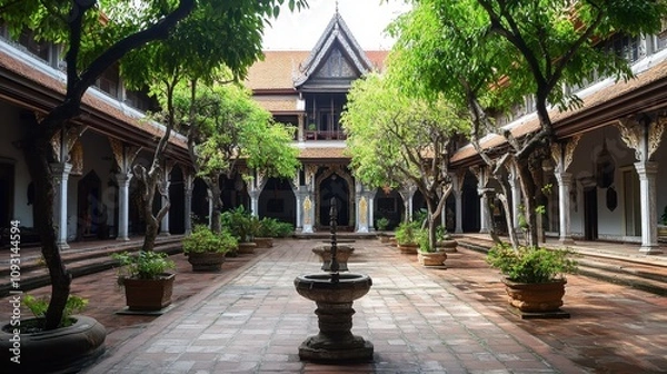 Fototapeta Serene Courtyard with Lush Greenery and Elegant Architecture in Traditional Thai Style, Featuring a Central Fountain Surrounded by Vibrant Trees and Plants