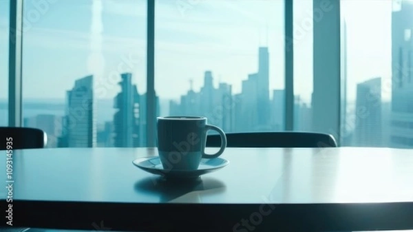 Fototapeta Ceramic Mug With Drink On Desk In Office Large Panoramic Window Office Morning Cybernetics Style Text Space
