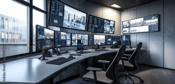 Obraz Security control room designed for surveillance with multiple screens and a simple desk.