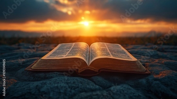 Obraz  Open Bible on a rocky surface illuminated by warm sunrise tones. Ideal for faith, spirituality, and religious themes. Deep orange, blue, and golden hues