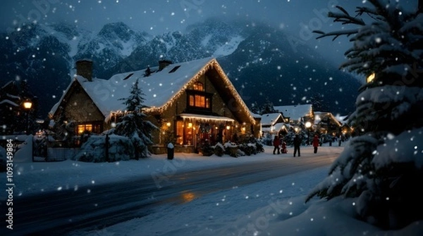 Fototapeta Cozy winter village scene at night, snow falling softly on charming houses.