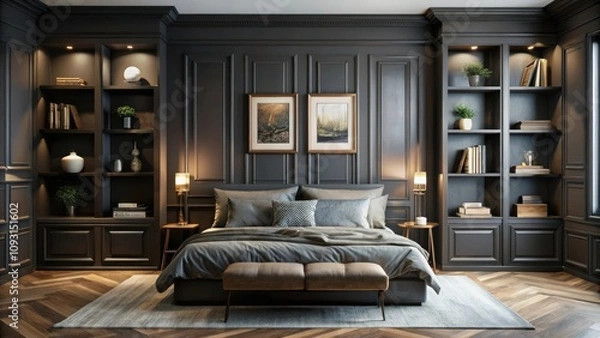 Fototapeta A dark and stylish bedroom with a comfortable bed, two bedside tables with lamps, and built-in shelves on either side. The room is decorated with artwork, plants, and a rug.