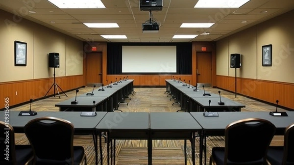 Obraz Unoccupied conference room with microphones set up for a press conference or meeting.